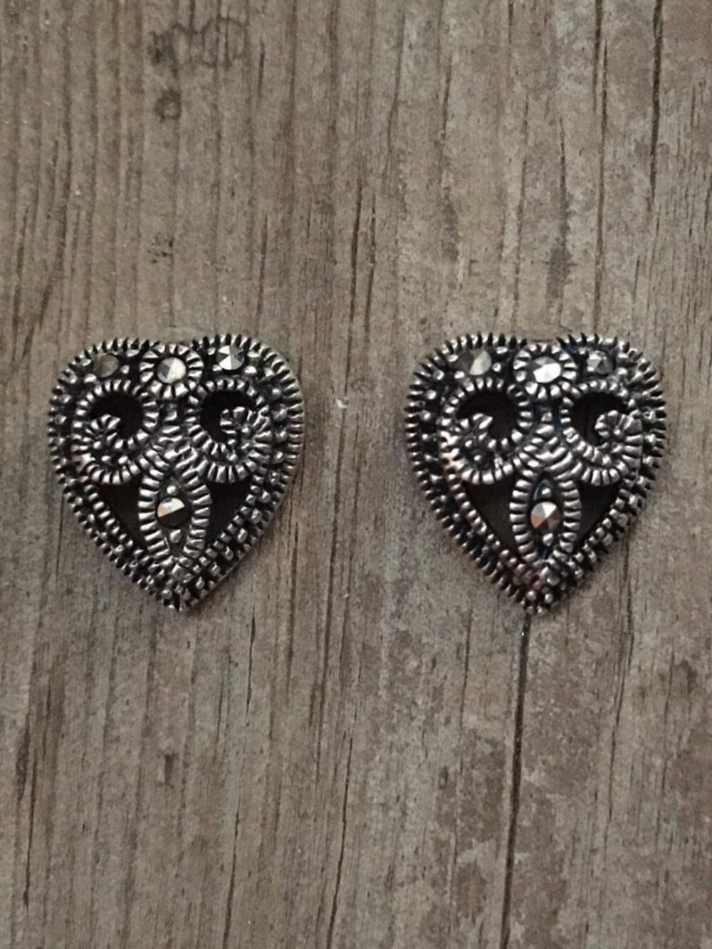 Vintage marcasite sterling silver heart earrings faceted thick 925 modernist